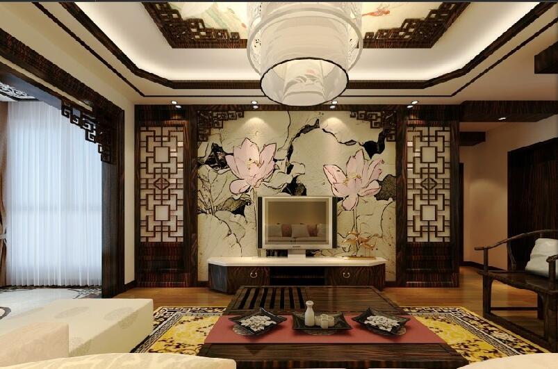 黄冈东坡外滩中式客厅荷花电视墙纸创意圆吊顶雕花板吊顶实木茶几效果图